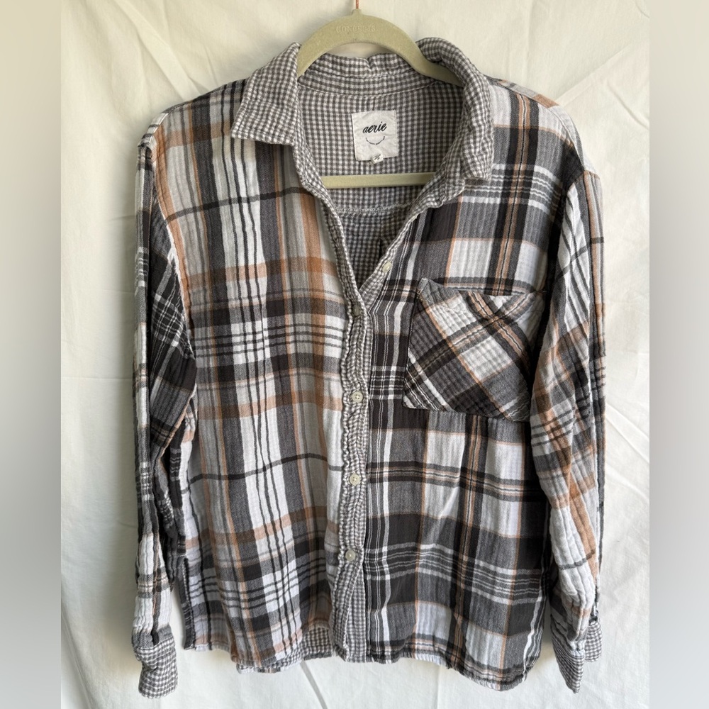 Aerie Plaid Button Up Shirt Large Brown Gray Flannel Lightweight Top
